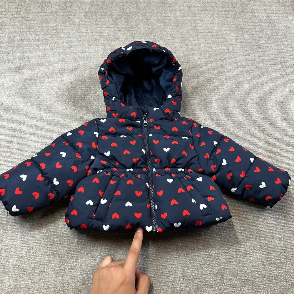 Amazon Essentials x Sofia Grainge Girls 12M Navy Hearts Hooded Puffer Jacket
